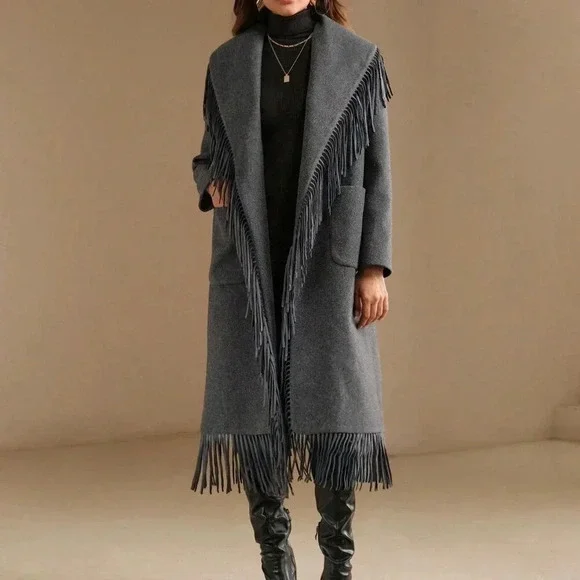 Grey Elegant Women's Faux Fur Collar Wool Blend Jacket With Fringe Trim - Picture 1 of 8